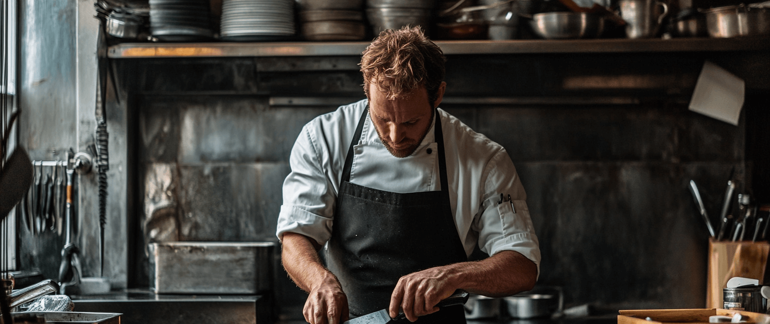 Chef die mes slijpt met slijpsteen